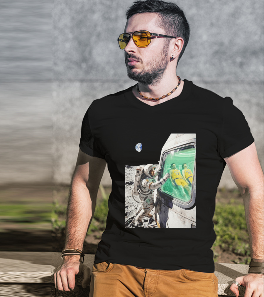 LeBron James Lakers Alone In Space Astronaut Scene With Number 77 And 15 In Spaceship T-Shirt