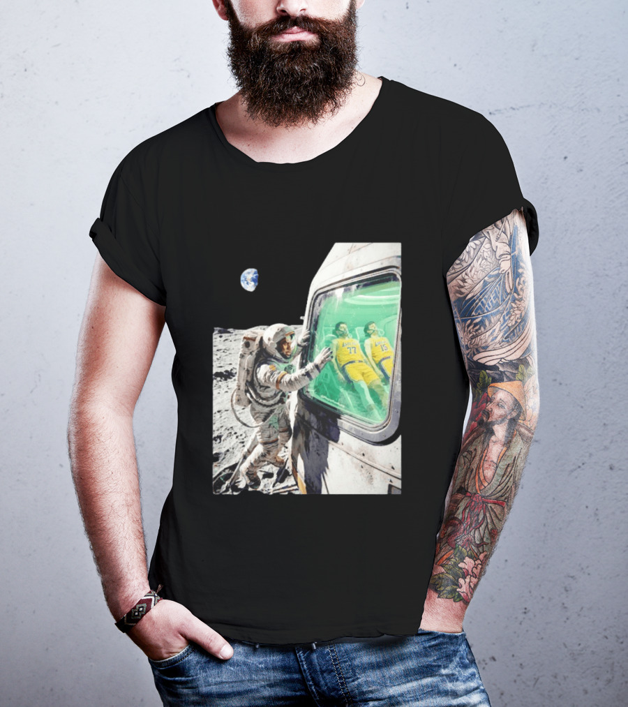 LeBron James Lakers Alone In Space Astronaut Scene With Number 77 And 15 In Spaceship T-Shirt