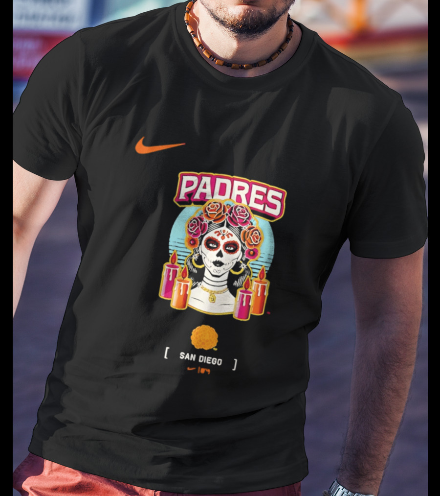 Nike San Diego Padres 2026 City Connect Dia De Los Muertos Candles Roses Large T-Shirt