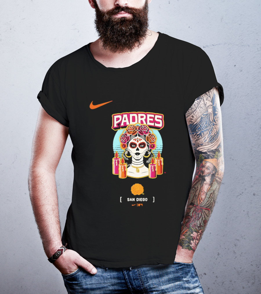 Nike San Diego Padres 2026 City Connect Dia De Los Muertos Candles Roses Large T-Shirt