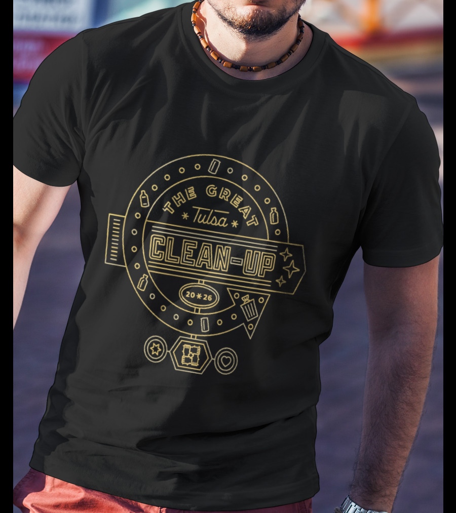 The Great Tulsa Clean Up 2020 Event Badge With Recycling Symbols And Stars T-Shirt