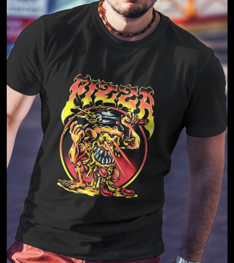 Pizza Monster Melting Laser Eyes Fiery Cheesy Creature T-Shirt