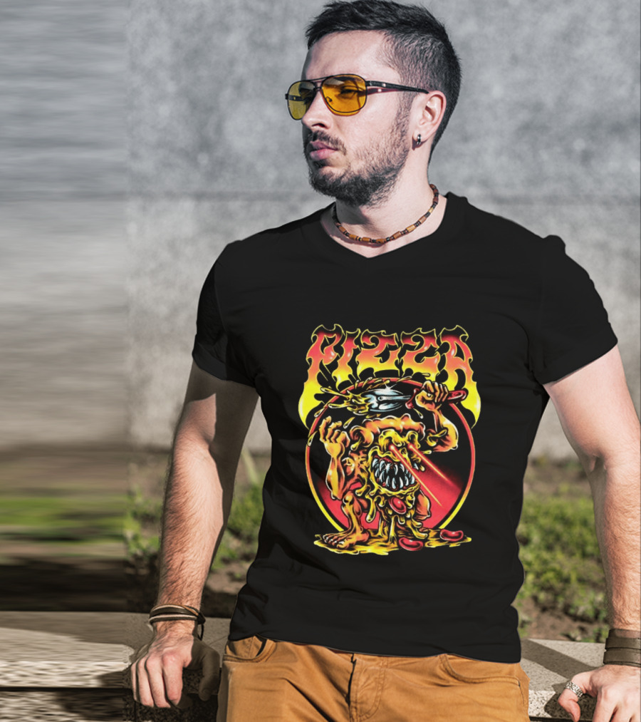 Pizza Monster Melting Laser Eyes Fiery Cheesy Creature T-Shirt
