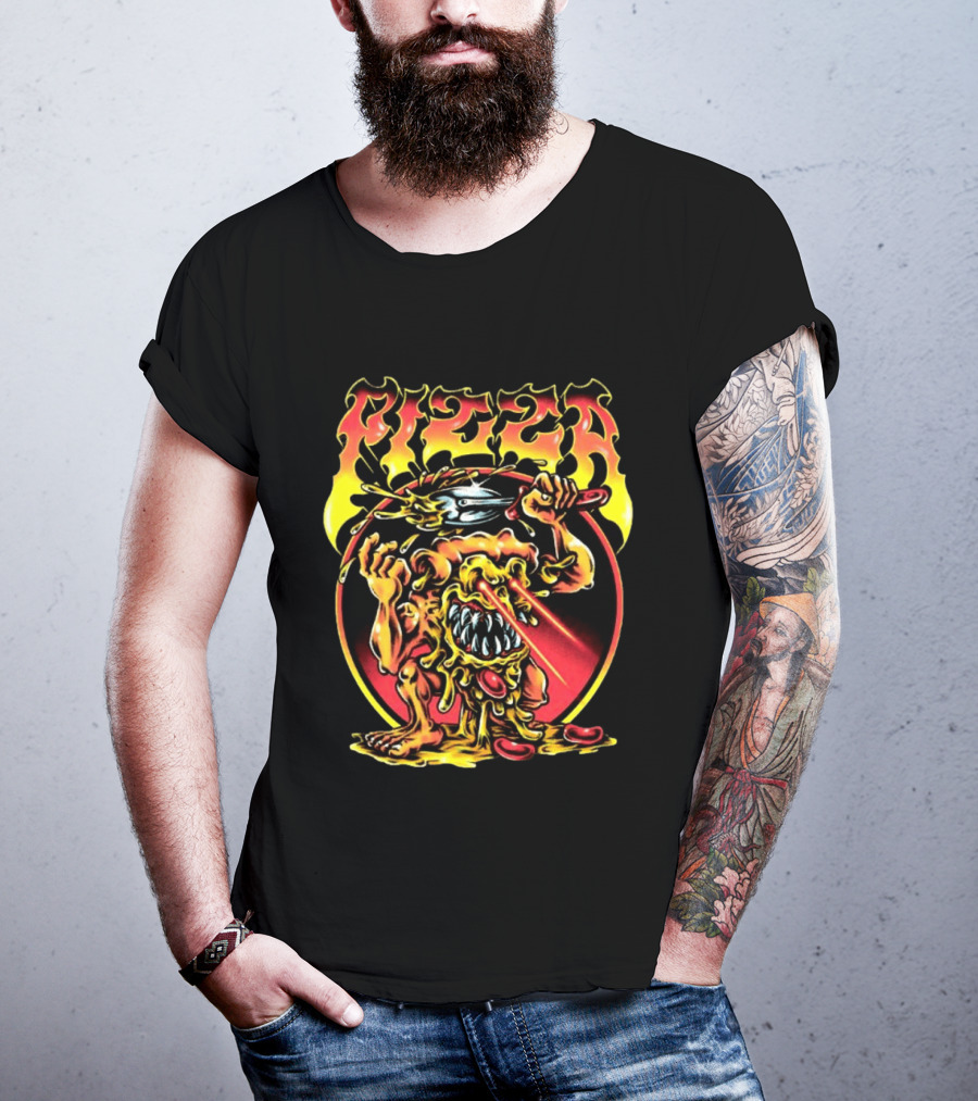 Pizza Monster Melting Laser Eyes Fiery Cheesy Creature T-Shirt