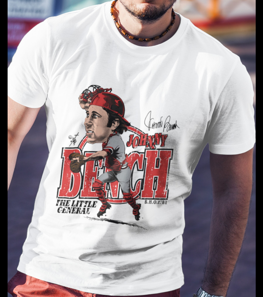 Johnny Bench Cincinnati The Little General Bruce Stark Collection HOF Caricature T-Shirt