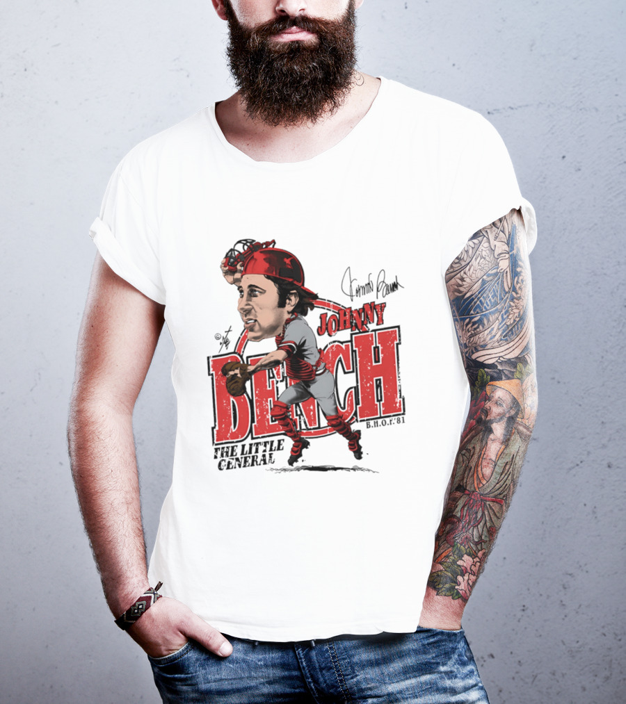 Johnny Bench Cincinnati The Little General Bruce Stark Collection HOF Caricature T-Shirt