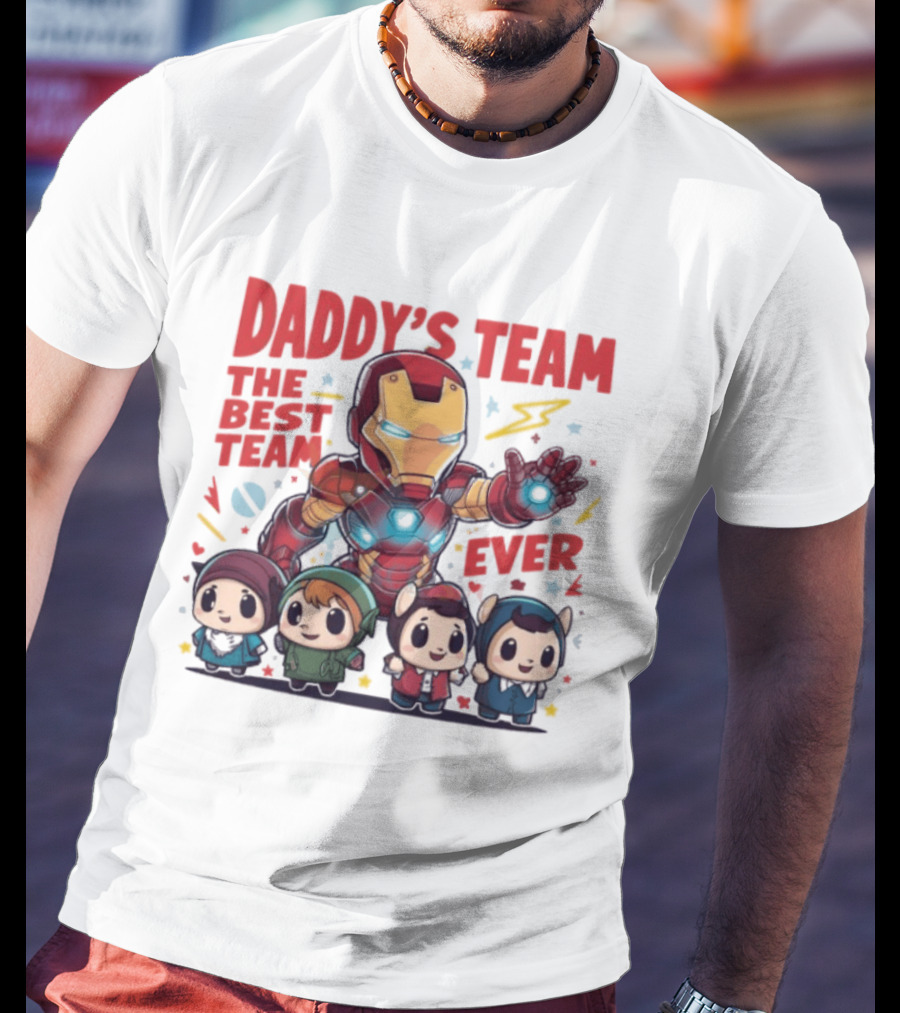 Daddys Team The Best Team Ever Superhero Dad Iron Man And Kids T-Shirt