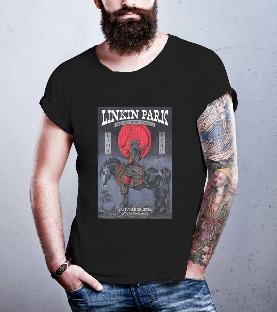 Linkin Park From Zero World Tour 2025 Lima Peru Estadio San Marcos October 28 Samurai Warrior On Horse With Red Moon T-Shirt