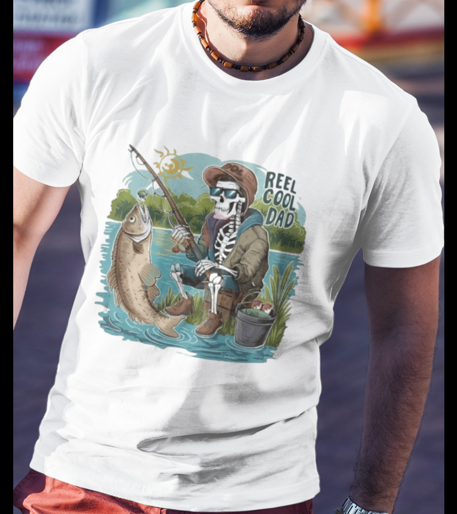 Reel Cool Dad Fishing Skeleton Catching Fish Cartoon T-Shirt