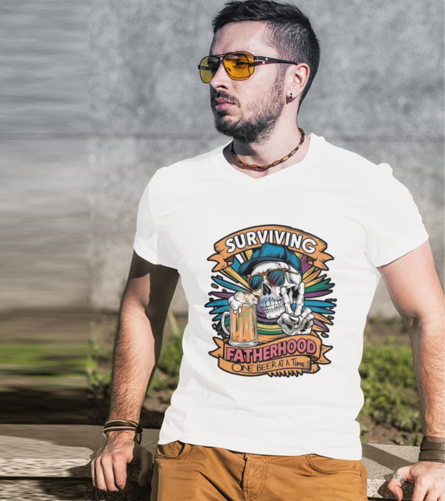 Surviving Fatherhood One Beer At A Time Skeleton Dad Drinking Beer T-Shirt
