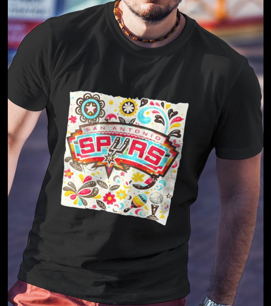 San Antonio Spurs NBA Floral Maracas Basketball Trophy Motif T-Shirt