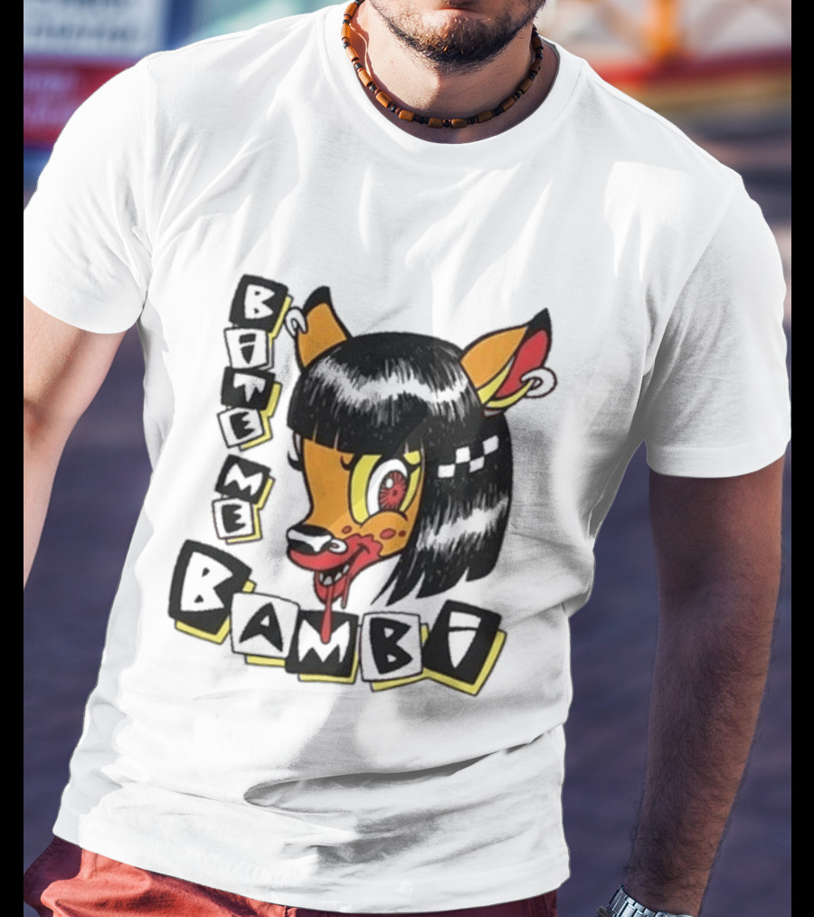Bite Me Bambi Cartoon Character With Black Hair And Blood Dripping Mouth T-Shirt