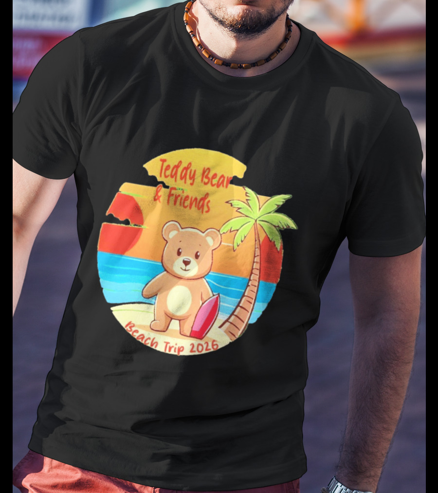 Teddy Bear And Friends Beach Trip 2026 Summer Adventure With Palm And Sunset T-Shirt