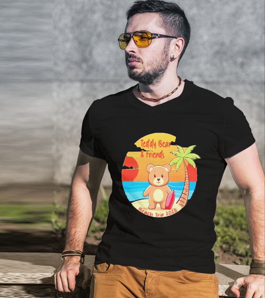 Teddy Bear And Friends Beach Trip 2026 Summer Adventure With Palm And Sunset T-Shirt