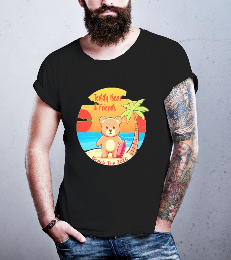 Teddy Bear And Friends Beach Trip 2026 Summer Adventure With Palm And Sunset T-Shirt