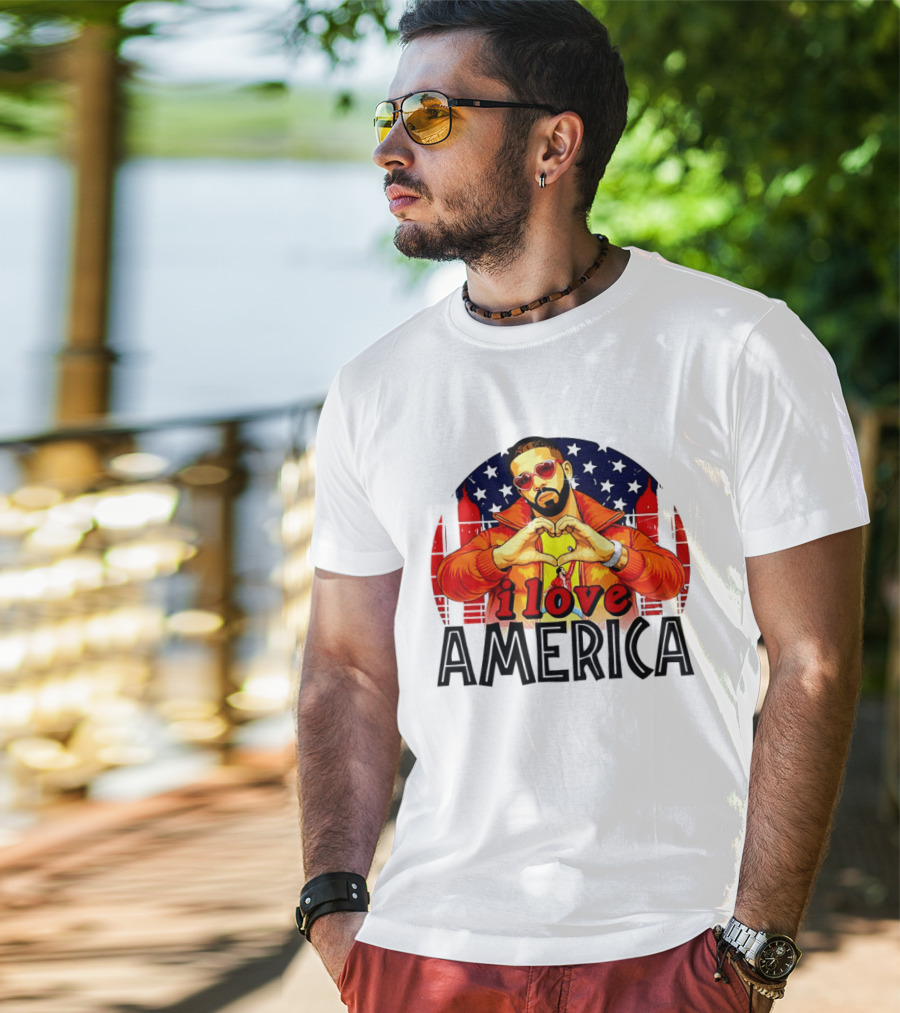 Drake I Love America Flag Heart Gesture Red Jacket Sunglasses T-Shirt