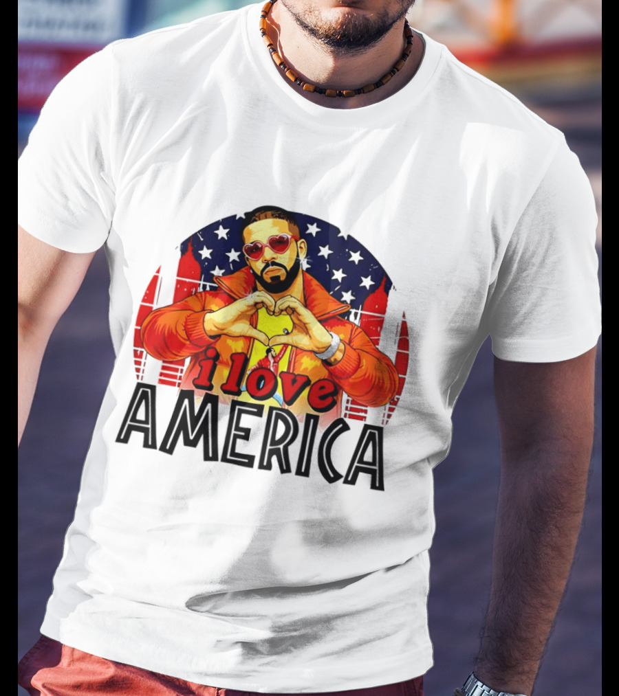 Drake I Love America Flag Heart Gesture Red Jacket Sunglasses T-Shirt