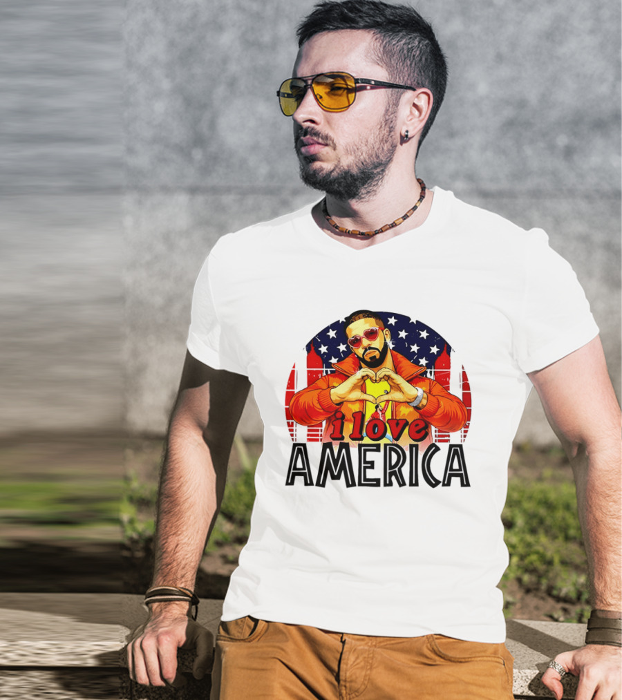 Drake I Love America Flag Heart Gesture Red Jacket Sunglasses T-Shirt
