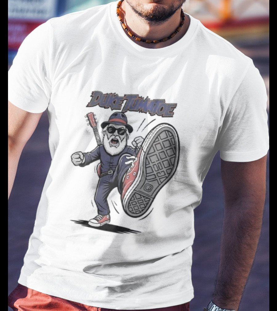 Duke Tumatoe Character Kicking Action In Blue Outfit And Red Shoes T-Shirt