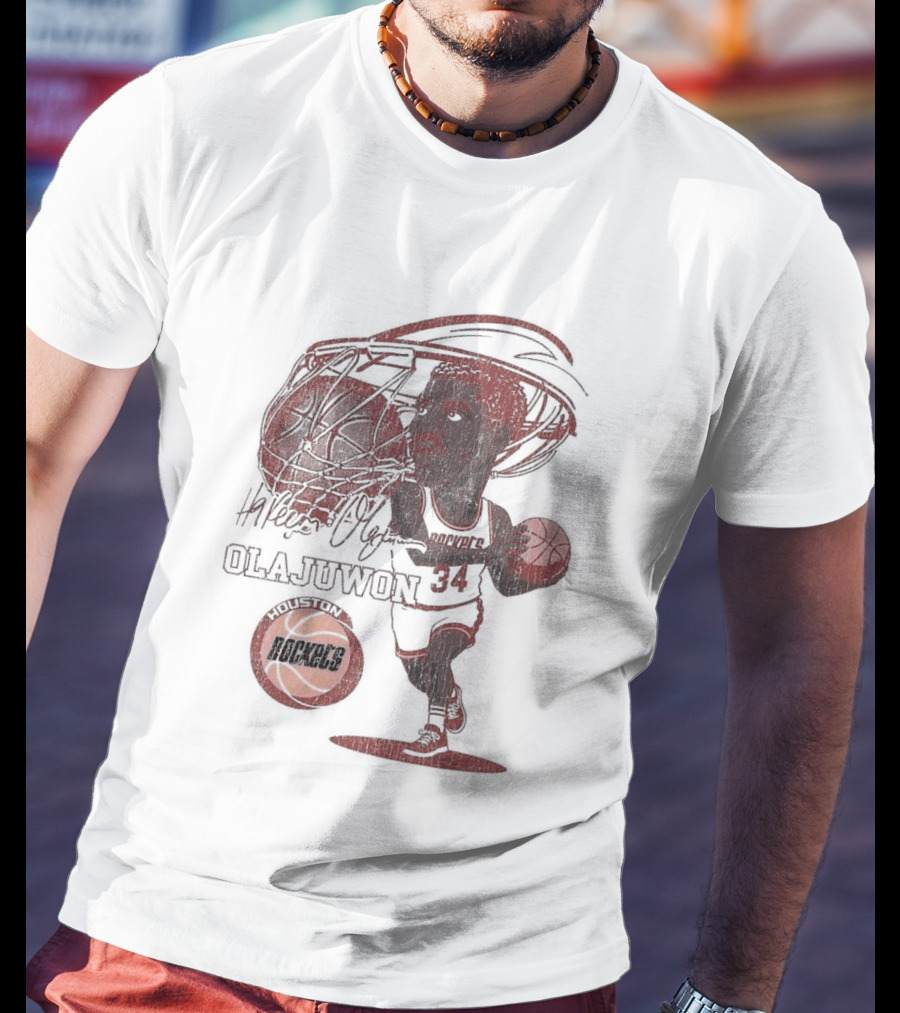 Houston Rockets Hardwood Classics Hakeem Olajuwon Number 34 Caricature T-Shirt