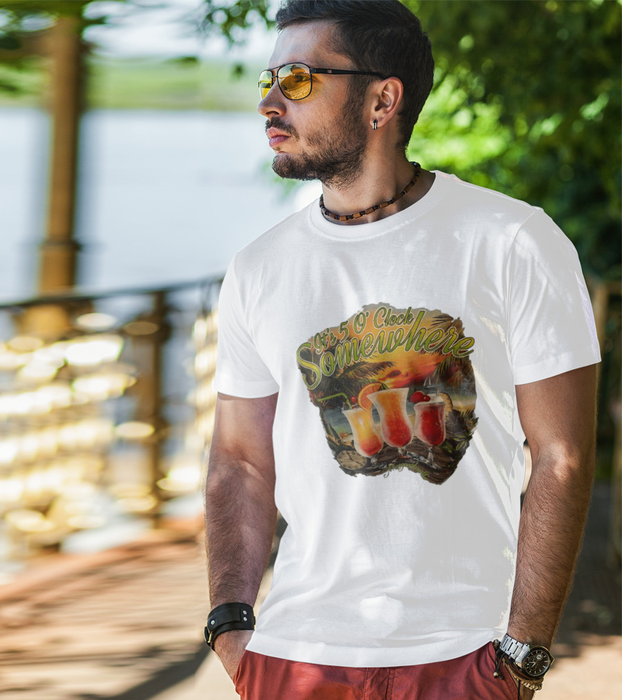 It's 5 O' Somewhere Tropical Sunset Cocktails And Palm Trees T-Shirt