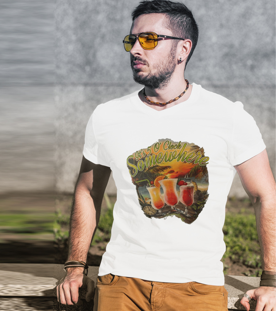It's 5 O' Somewhere Tropical Sunset Cocktails And Palm Trees T-Shirt
