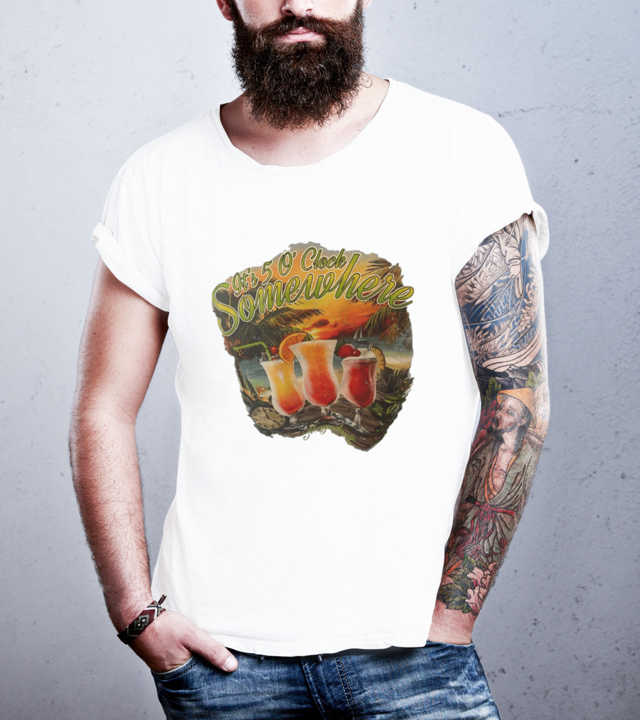 It's 5 O' Somewhere Tropical Sunset Cocktails And Palm Trees T-Shirt