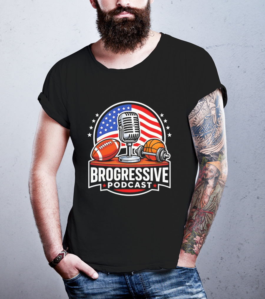 Brogressive Podcast American Flag Microphone Football Dumbbell Stars T-Shirt