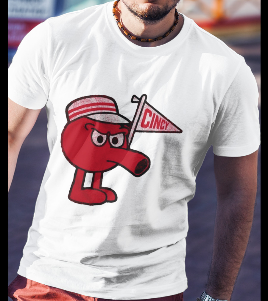Cincy Redbert Cartoon Character With Striped Hat And Flag T-Shirt