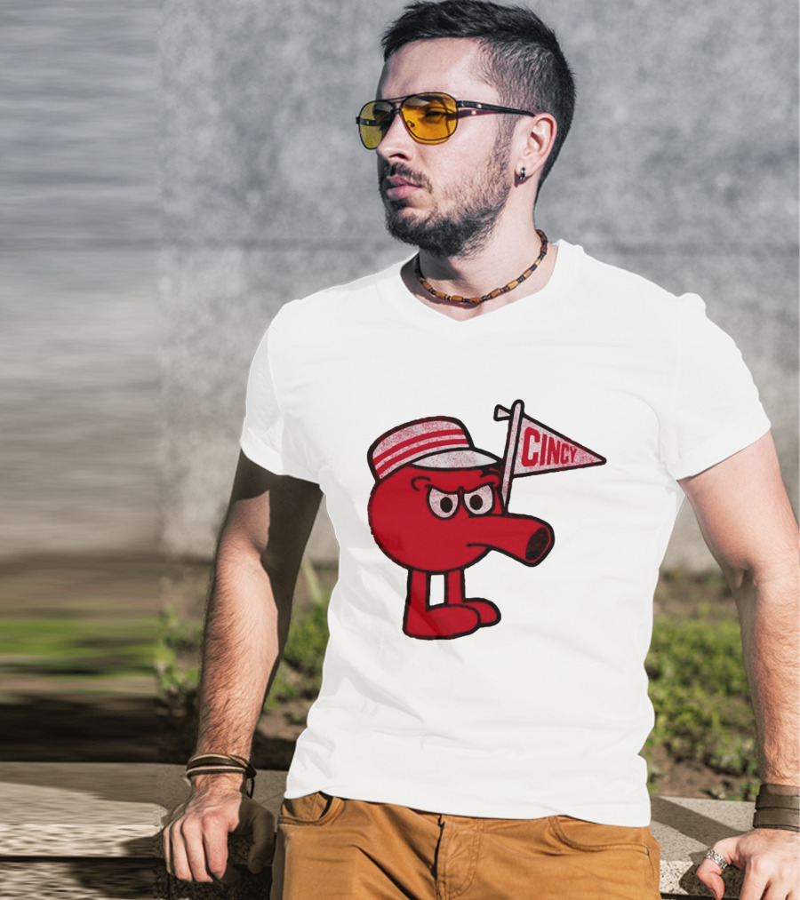 Cincy Redbert Cartoon Character With Striped Hat And Flag T-Shirt