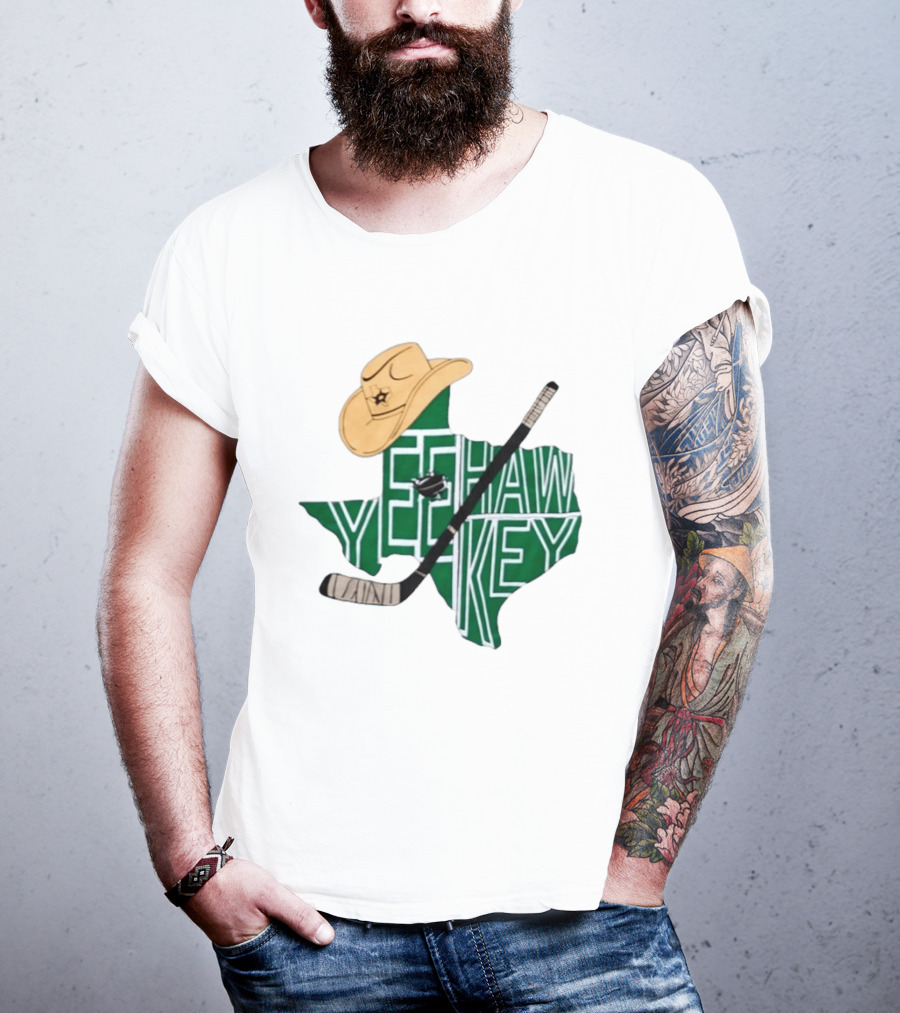 Texas Hockey Yeehaw Stars Cowboy Hat Hockey Stick 2026 Casey DeSmith Jake Oettinger Appreciation Night T-Shirt