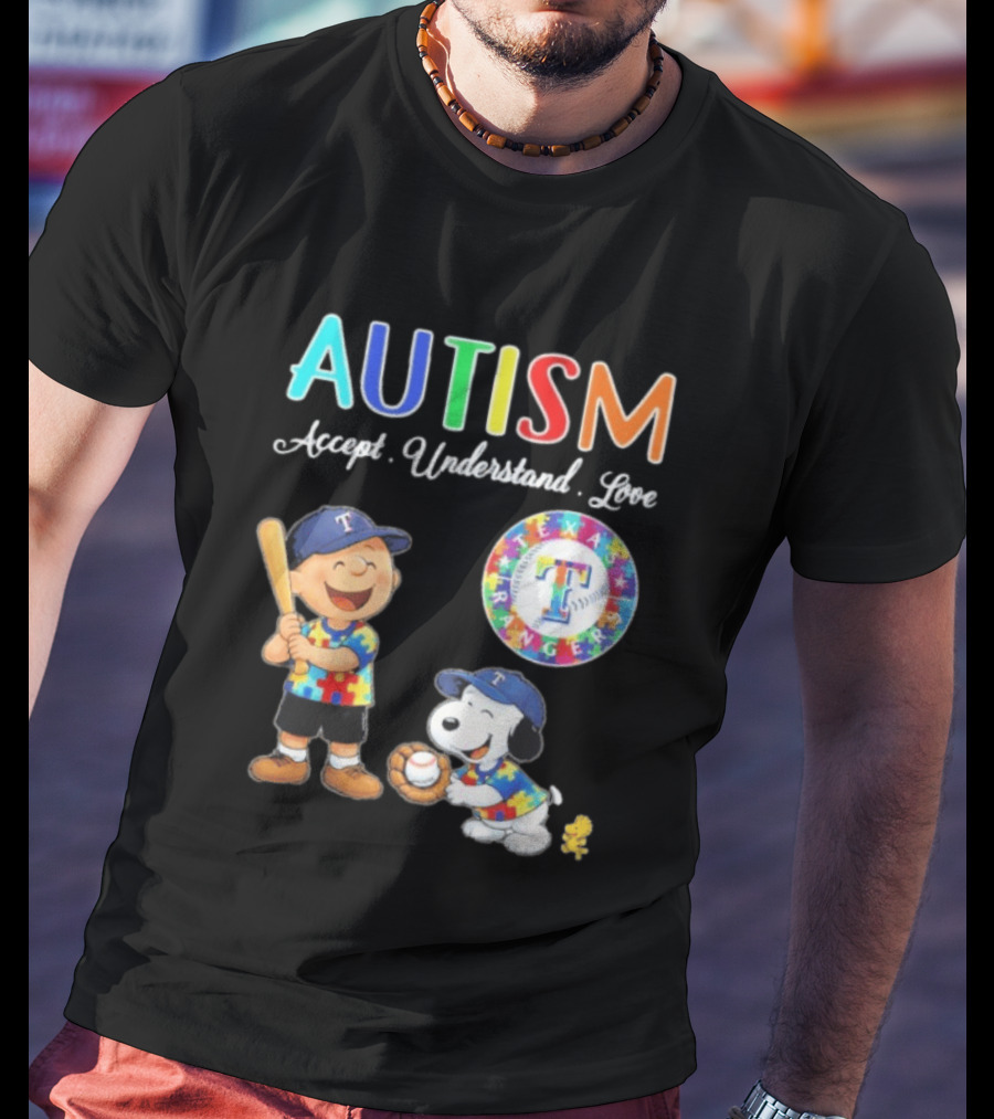 Peanuts Texas Rangers Autism Accept Understand Love Charlie Brown Snoopy T-Shirt
