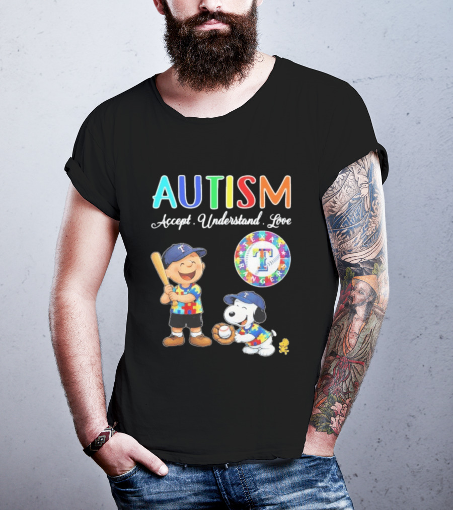 Peanuts Texas Rangers Autism Accept Understand Love Charlie Brown Snoopy T-Shirt