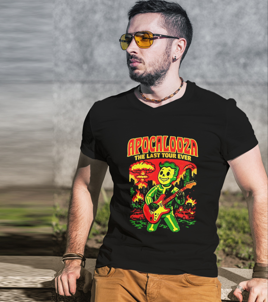 Apocalooza The Last Tour Ever Vault Boy Guitar Explosion Scene T-Shirt