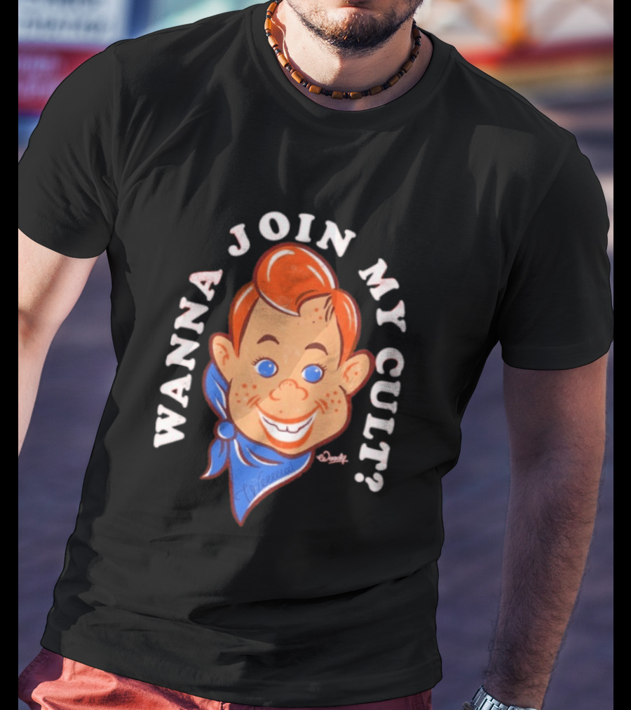 Woody Wanna Join My Cult Retro Style Cartoon Face And Blue Bandana T-Shirt