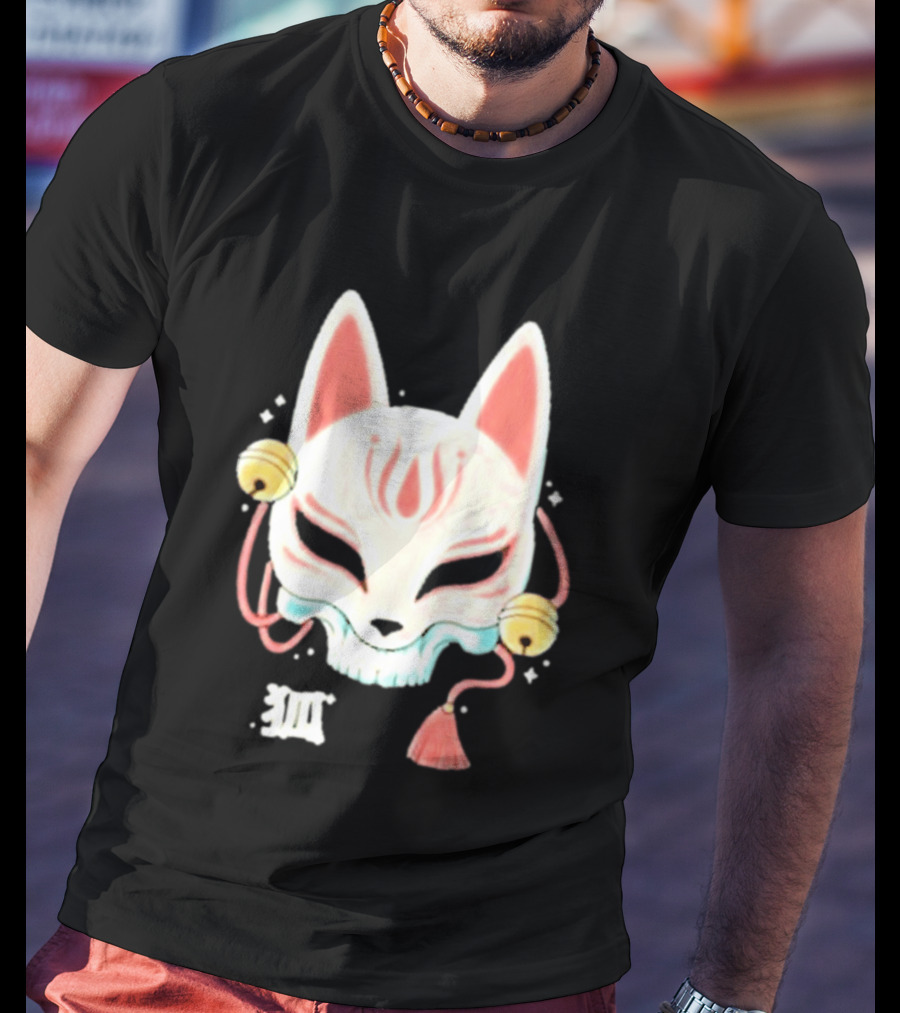 Lonely Club Kitsune Skull Mask With Bells And Kanji T-Shirt