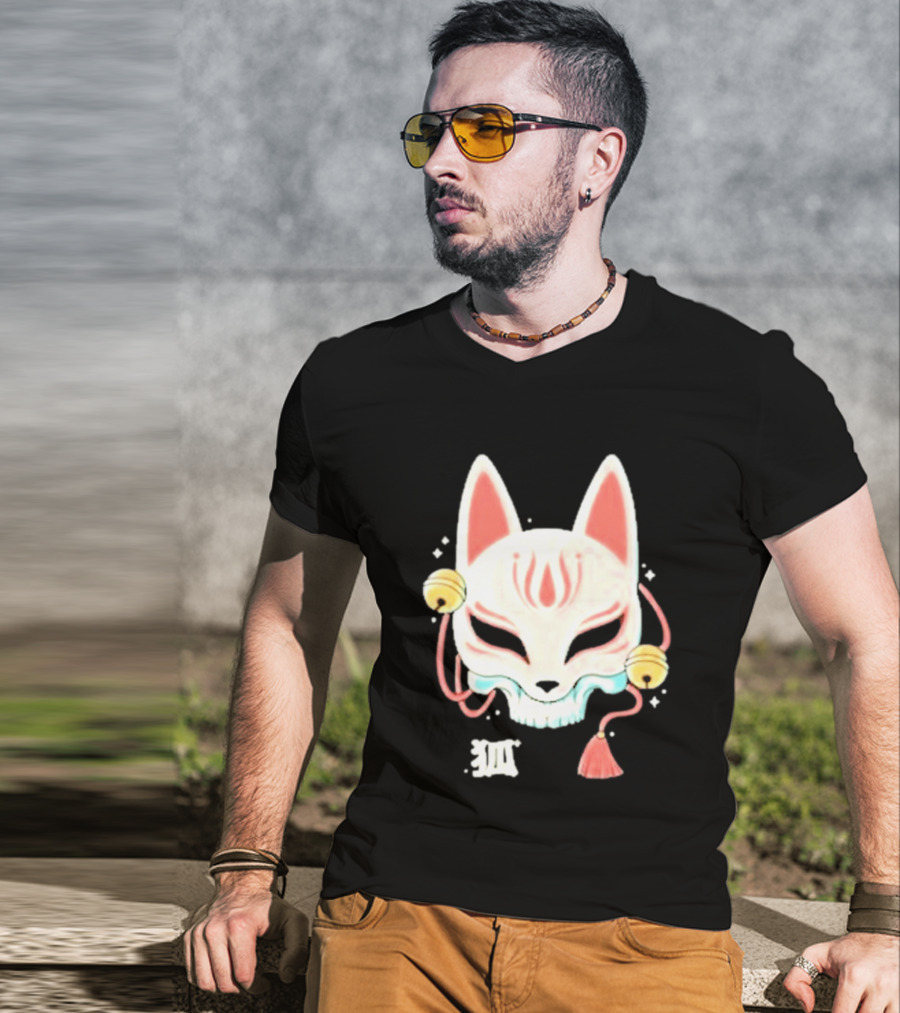 Lonely Club Kitsune Skull Mask With Bells And Kanji T-Shirt