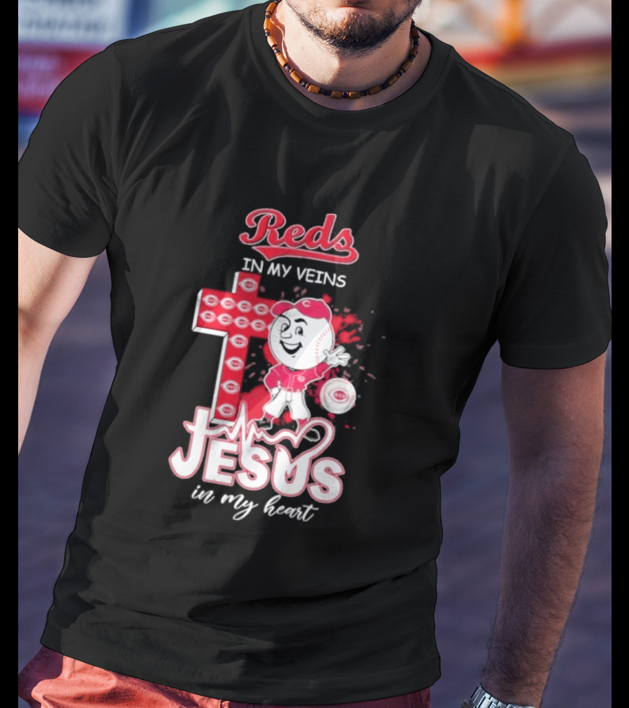 Reds In My Veins Jesus In My Heart Baseball Cross T-Shirt