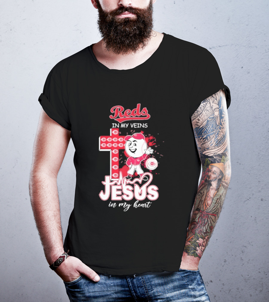 Reds In My Veins Jesus In My Heart Baseball Cross T-Shirt