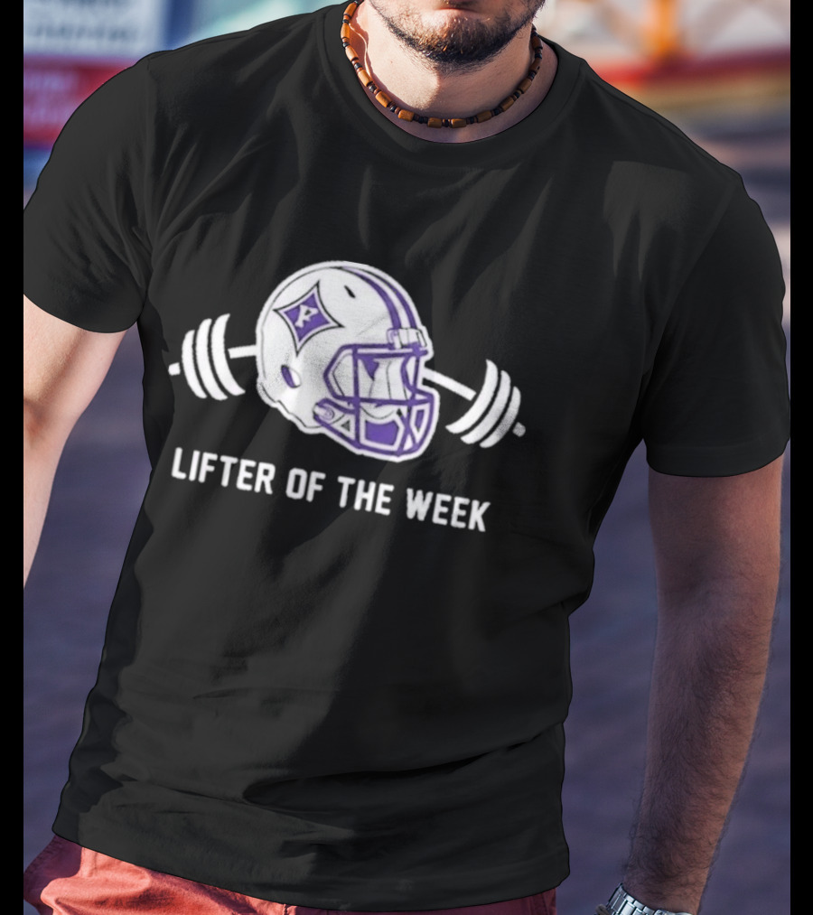 Furman Paladins Lifter Of The Week Helmet Logo With Weights T-Shirt