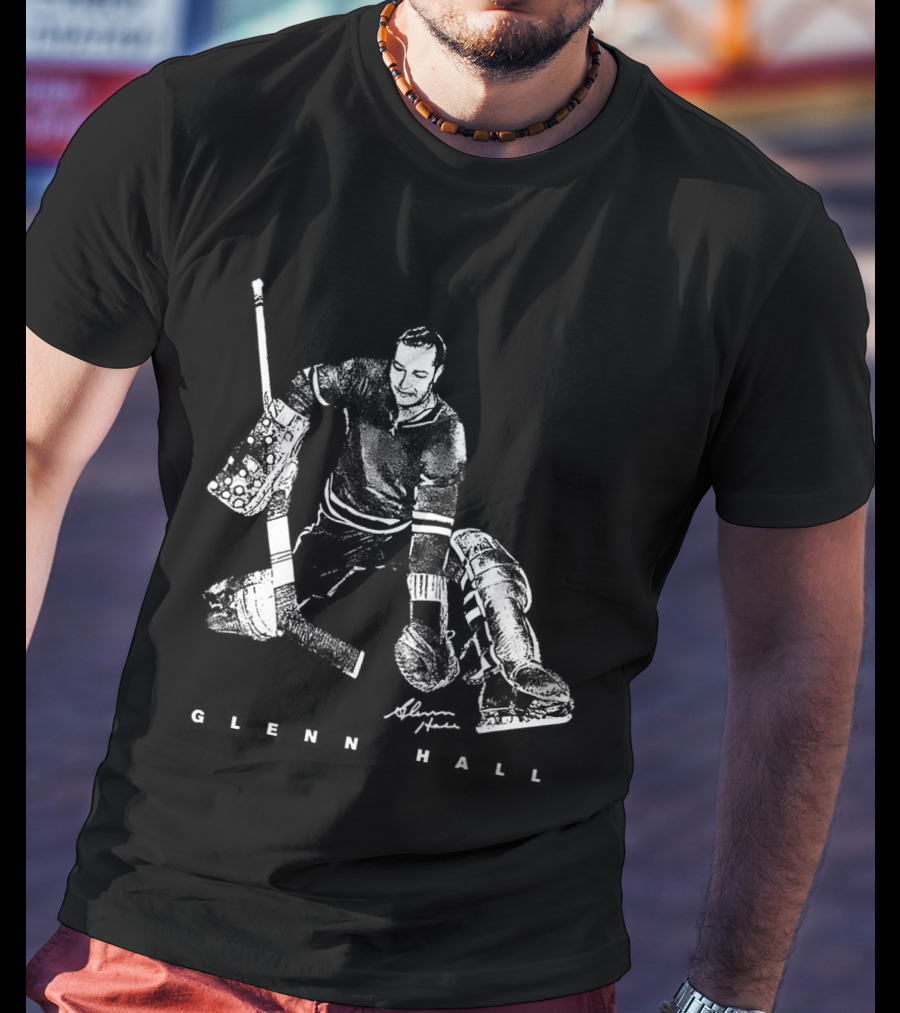 Glenn Hall Chicago Blackhawks Hockey Bitmap Vintage Style Goalie Iconic Pose T-Shirt