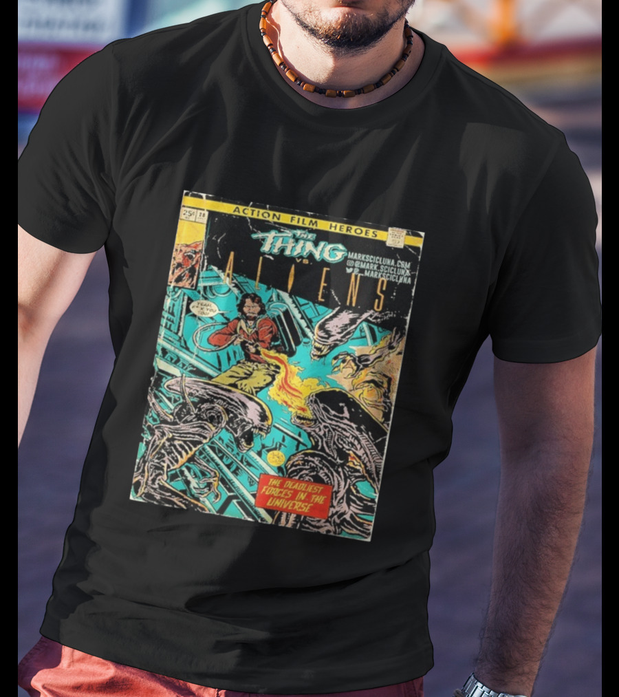 The Thing Vs Aliens MacReady Action Film Heroes Comic The Deadliest Forces In The Universe T-Shirt