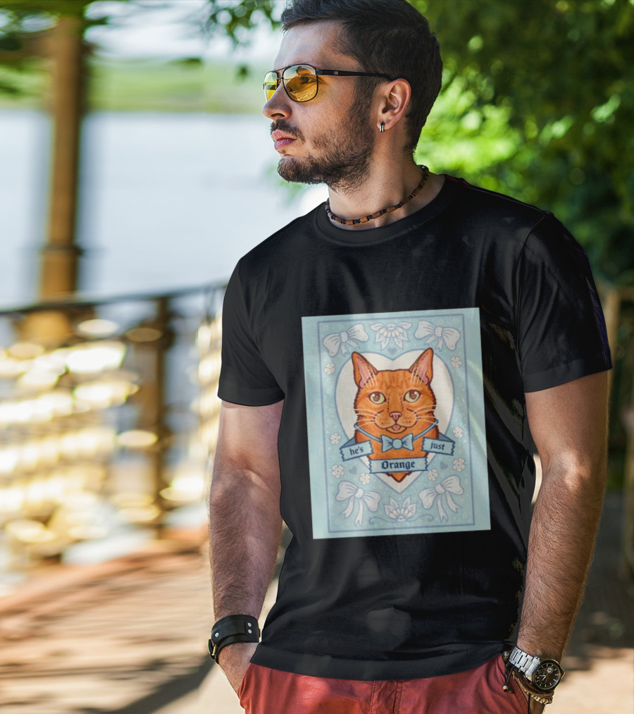 He's Just Orange Cat Floral Bow Blue T-Shirt