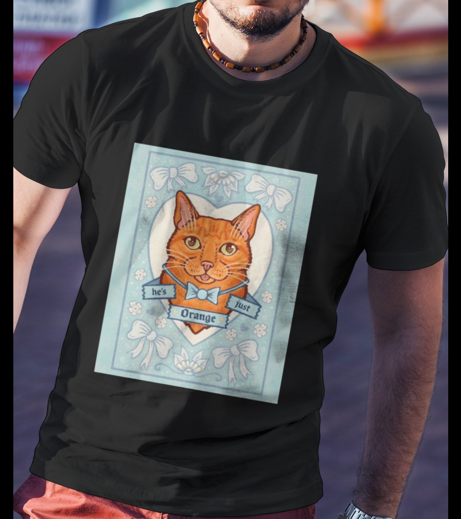 He's Just Orange Cat Floral Bow Blue T-Shirt
