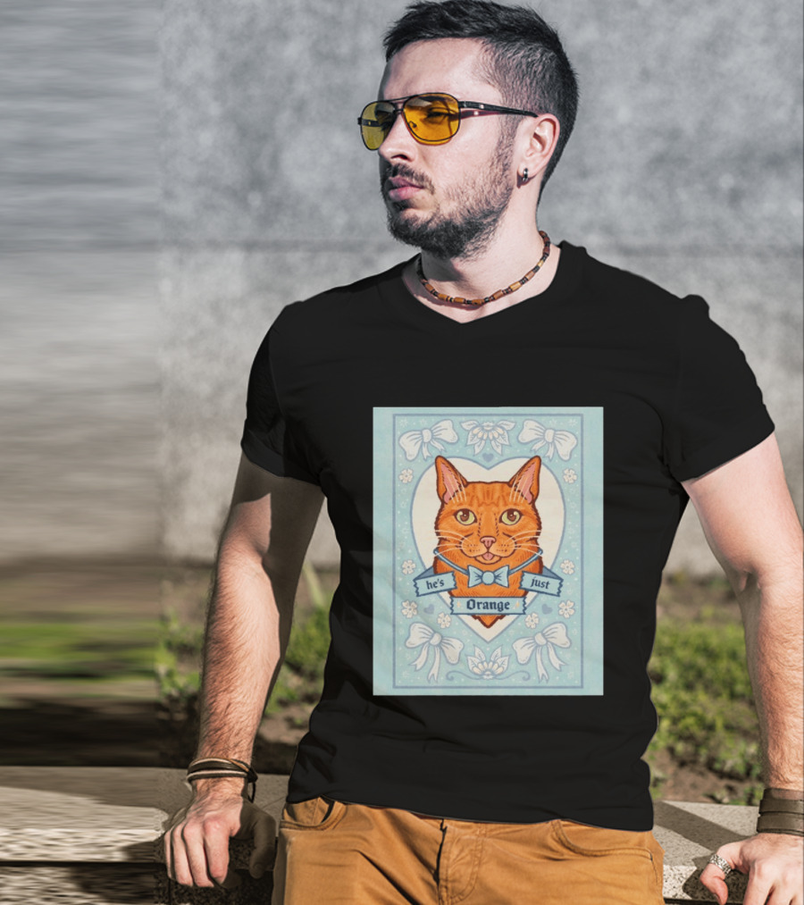 He's Just Orange Cat Floral Bow Blue T-Shirt