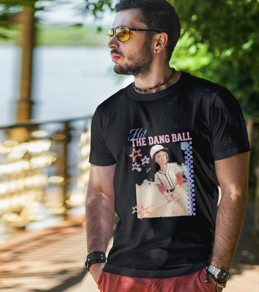 Hit The Dang Ball Vintage Baseball Player With Stars And Blue Checkerboard T-Shirt