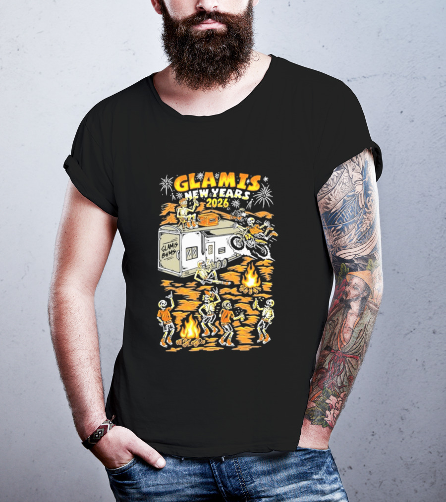 Glamis New Years 2026 Skeletons Campfire Celebration With Motorbike And Fireworks T-Shirt