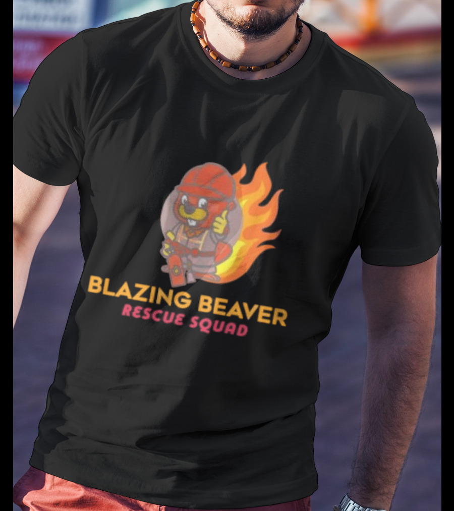 Blazing Beaver Rescue Squad Firefighter Cartoon With Flames T-Shirt