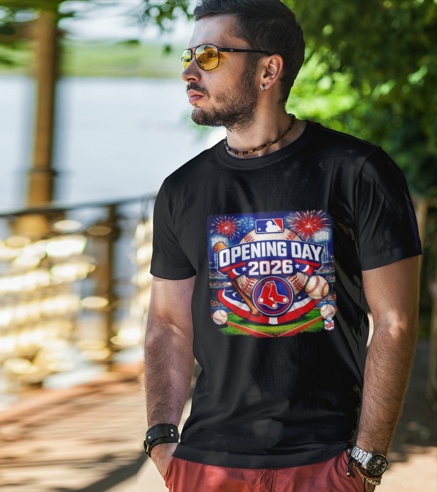 Boston Red Sox MLB Opening Day 2026 Baseball Season Fireworks Stadium T-Shirt