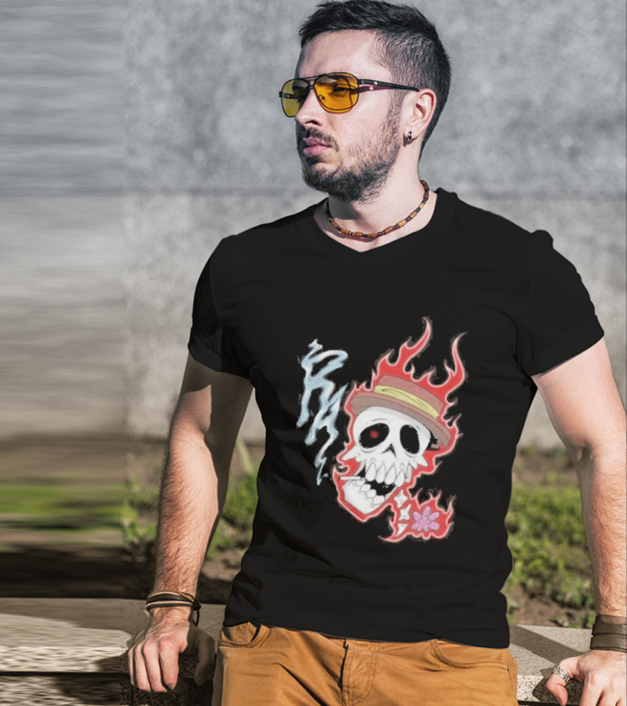 Rare Americans Skull With Flames And Hat Flower T-Shirt